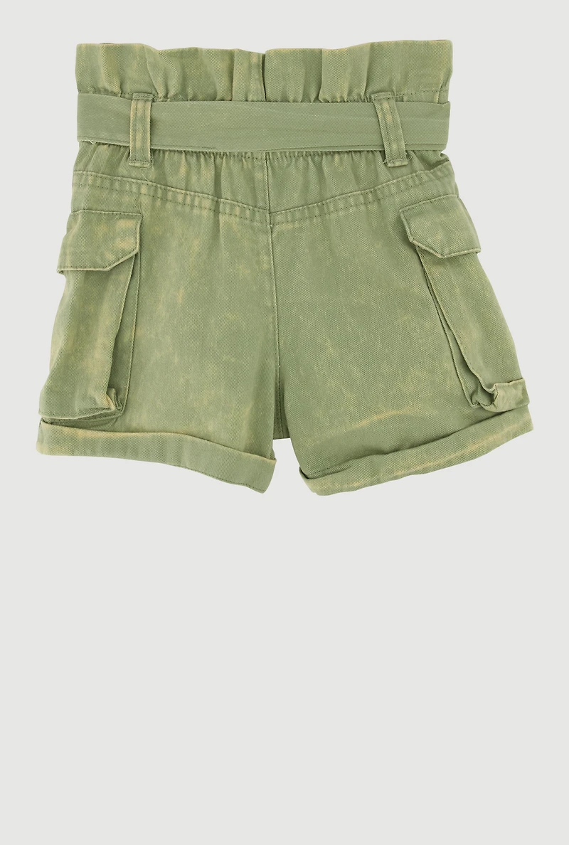 Toddler Girls Denim Cargo Shorts with Tie Waist Belt, Green, Size 2T