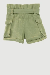 Toddler Girls Denim Cargo Shorts with Tie Waist Belt, Green, Size 2T