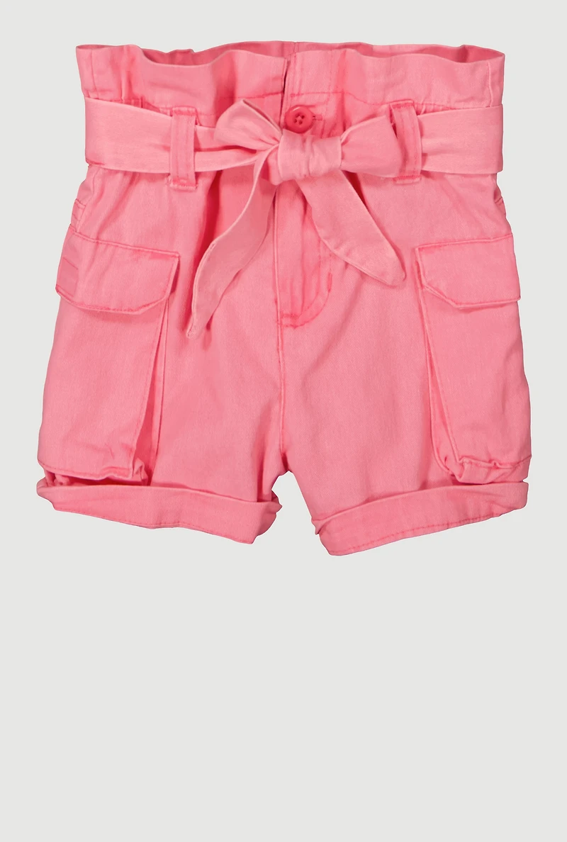 Toddler Girls Denim Cargo Shorts with Tie Waist Belt, Pink, Size 2T