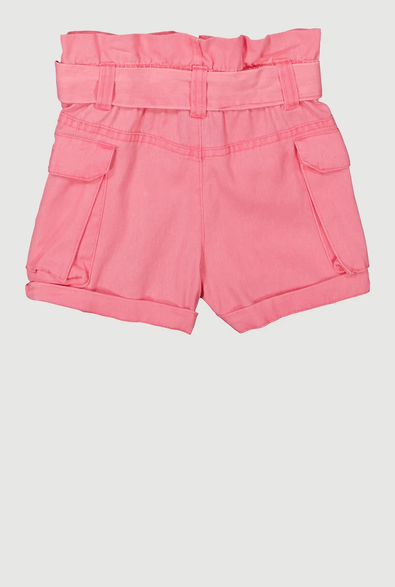Toddler Girls Denim Cargo Shorts with Tie Waist Belt, Pink, Size 2T