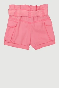 Toddler Girls Denim Cargo Shorts with Tie Waist Belt, Pink, Size 2T