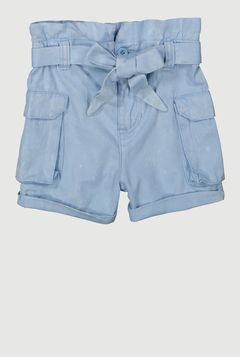 Toddler Girls Denim Cargo Shorts with Tie Waist Belt