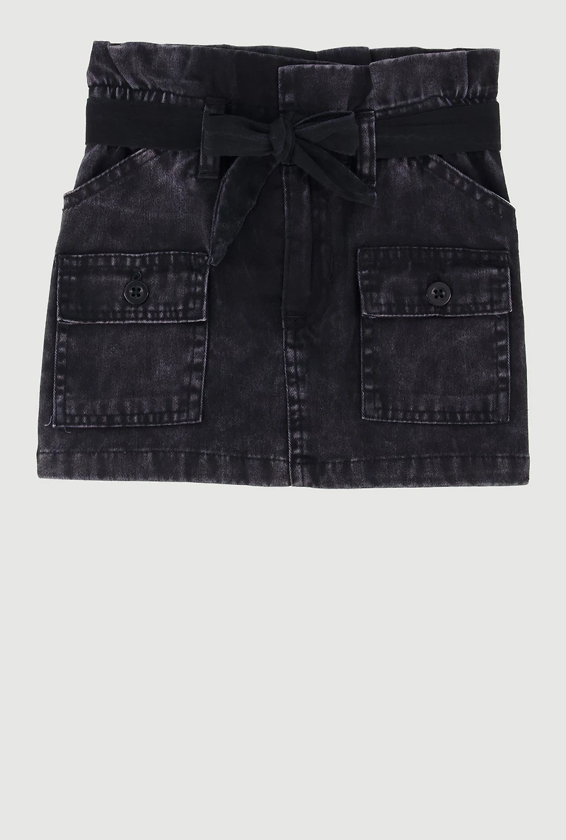 Toddler Girls Paper Bag Waist Denim Skirt with Tie Waist Belt, Black, Size 2T