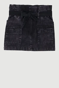 Toddler Girls Paper Bag Waist Denim Skirt with Tie Waist Belt, Black, Size 2T