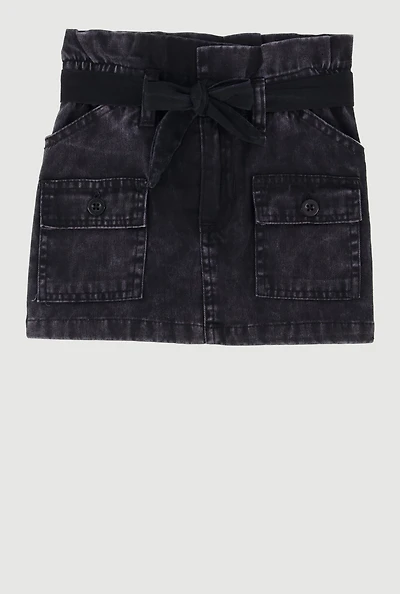 Toddler Girls Paper Bag Waist Denim Skirt with Tie Waist Belt, Black, Size 4T
