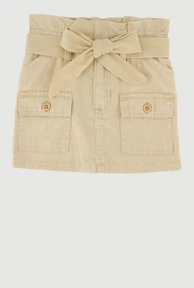 Toddler Girls Paper Bag Waist Denim Skirt with Tie Waist Belt, Khaki, Size 2T