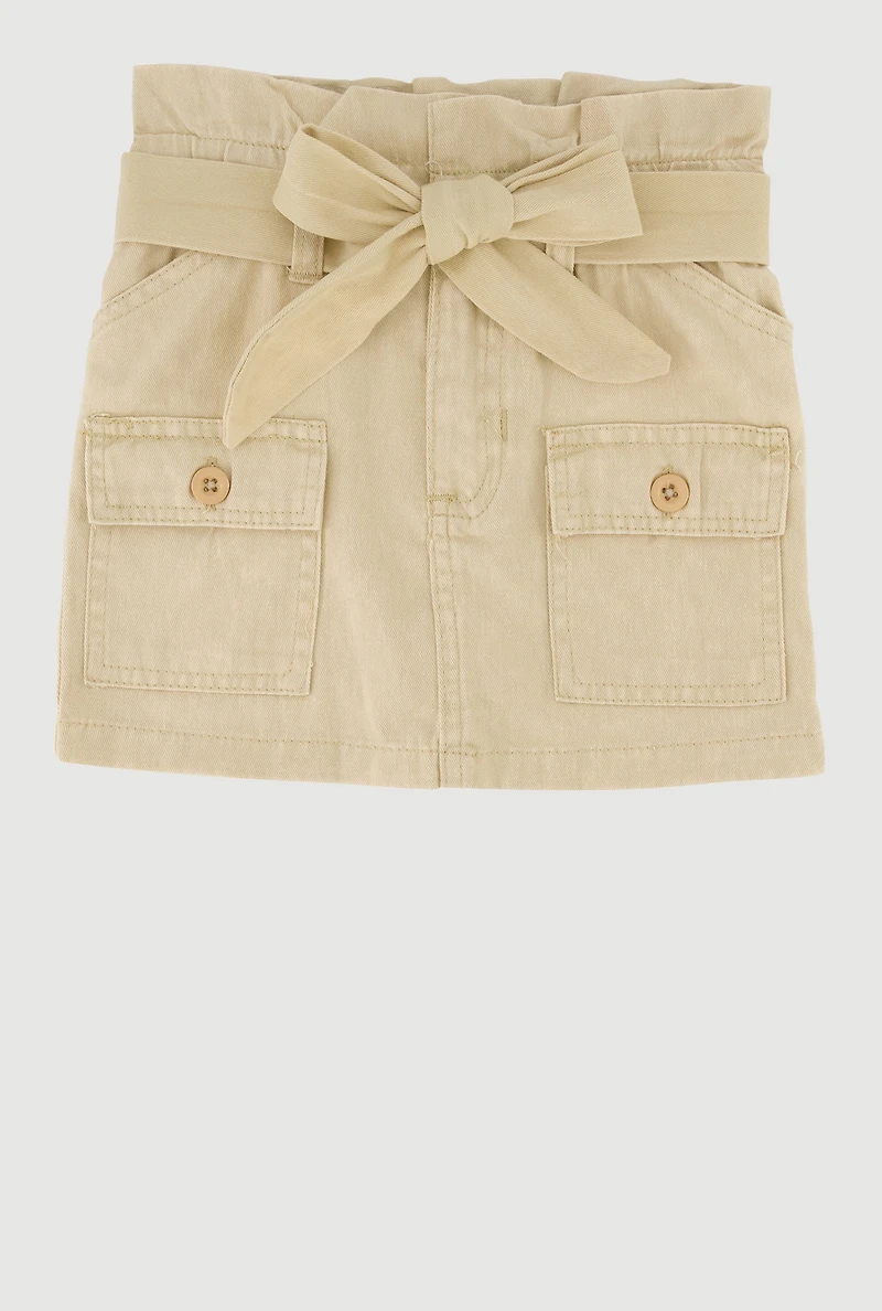 Toddler Girls Paper Bag Waist Denim Skirt with Tie Belt, Khaki,