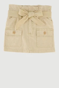 Toddler Girls Paper Bag Waist Denim Skirt with Tie Belt, Khaki,