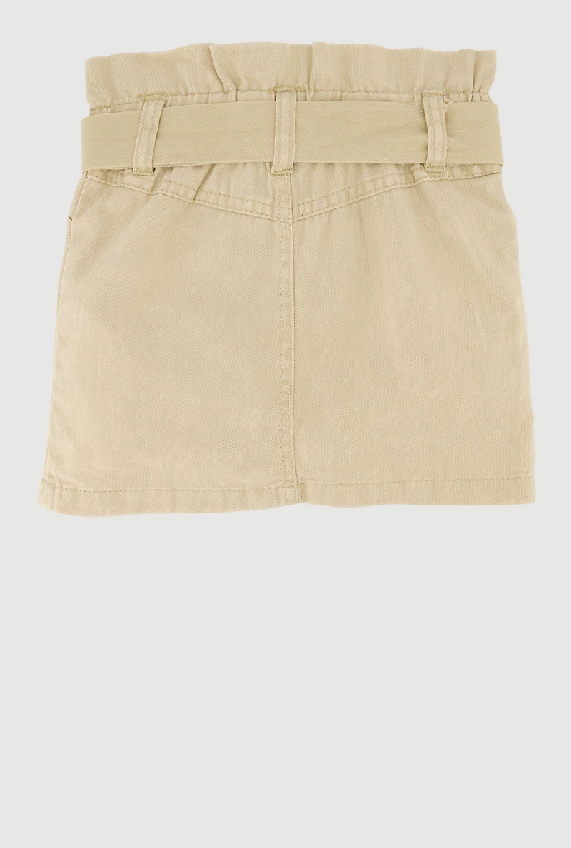 Toddler Girls Paper Bag Waist Denim Skirt with Tie Waist Belt, Khaki, Size 3T