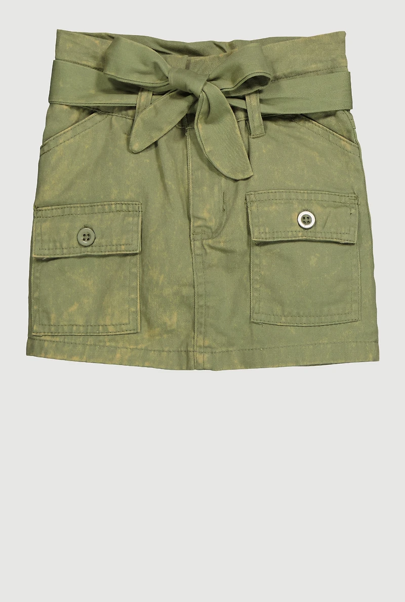 Toddler Girls Paper Bag Waist Denim Skirt with Tie Waist Belt, Green, Size 3T