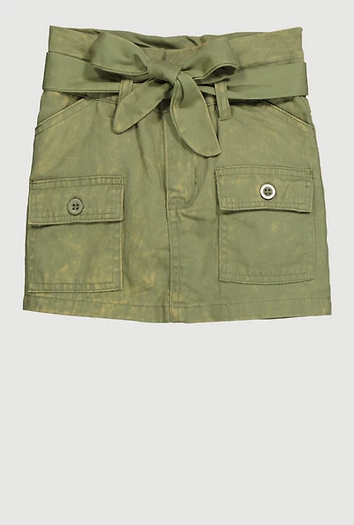 Toddler Girls Paper Bag Waist Denim Skirt with Tie Waist Belt, Green, Size 3T