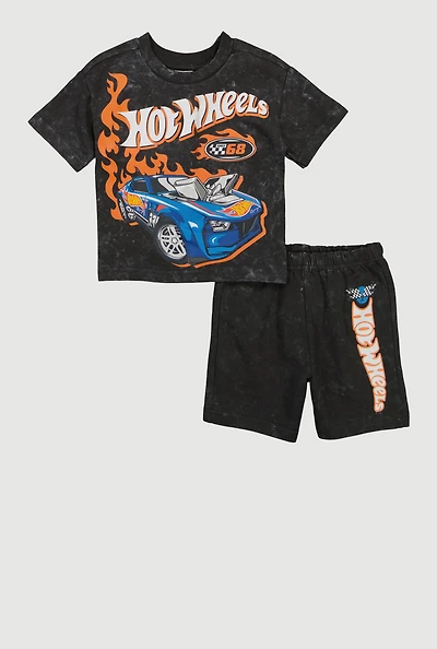 Toddler Boys Acid Wash Hot Wheels Car Graphic Tee and Shorts