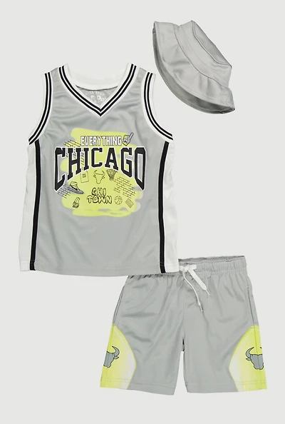 Toddler Boys Graphic Basketball Jersey and Shorts with Bucket Hat