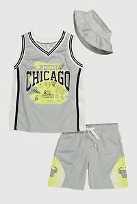 Toddler Boys Graphic Basketball Jersey and Shorts with Bucket Hat