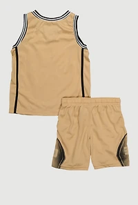 Toddler Boys Graphic Basketball Jersey and Shorts with Bucket Hat, Beige, Size 2T