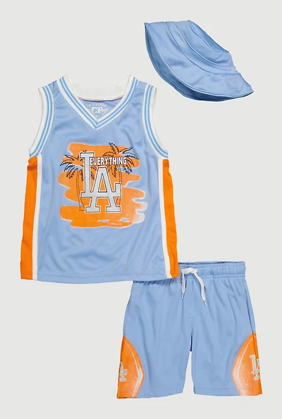 Toddler Boys Graphic Basketball Jersey and Shorts with Bucket Hat, Blue, Size 3T