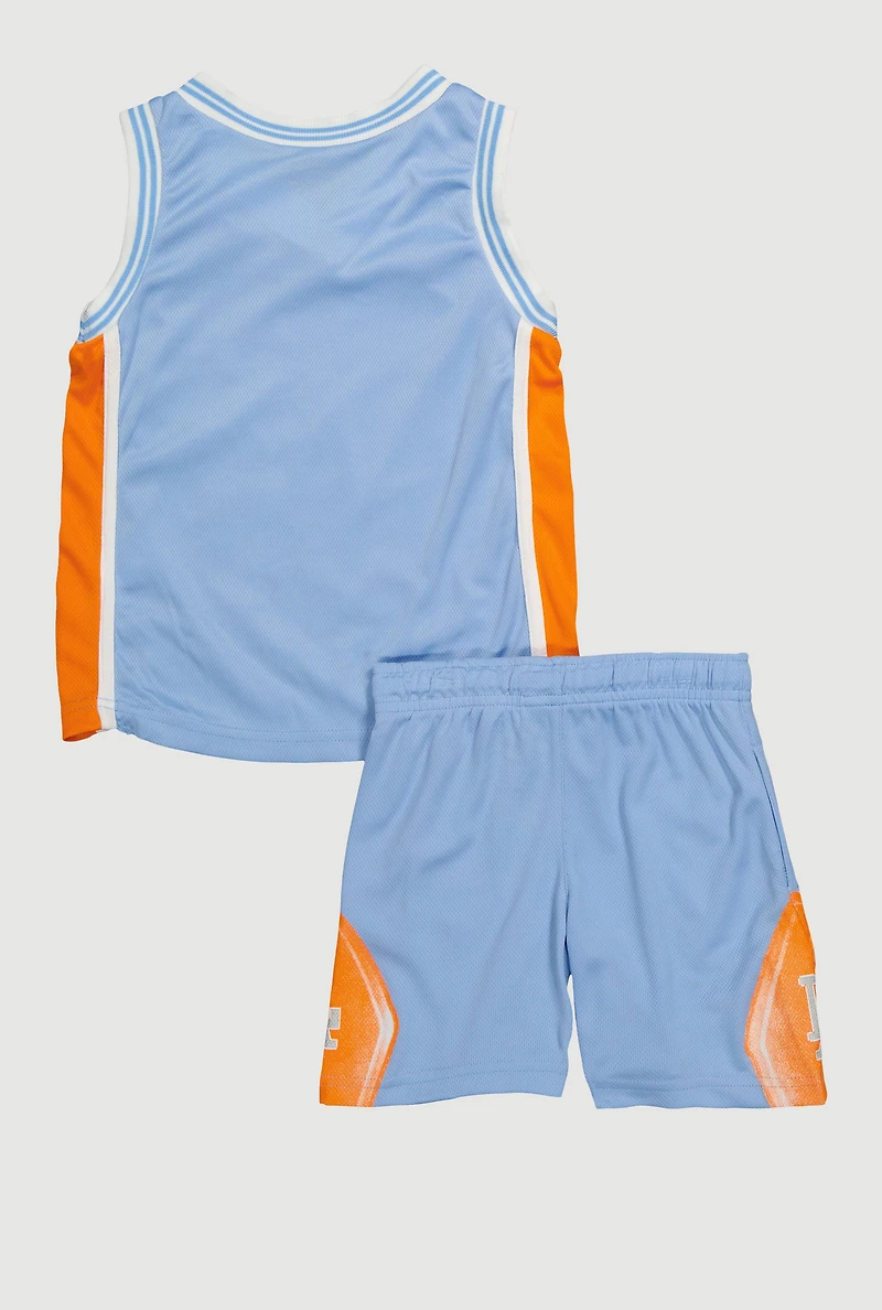Toddler Boys Graphic Basketball Jersey and Shorts with Bucket Hat, Blue, Size 3T