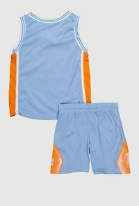 Toddler Boys Graphic Basketball Jersey and Shorts with Bucket Hat, Blue, Size 3T