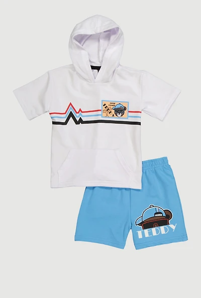 Toddler Boys Here Comes Teddy Hooded Top and Shorts