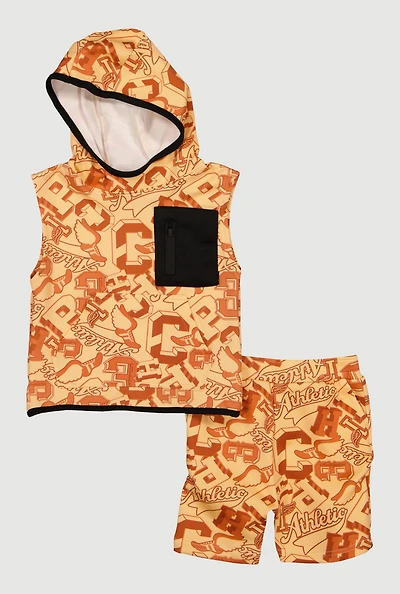 Toddler Boys Patterned Sleeveless Hooded Top and Shorts
