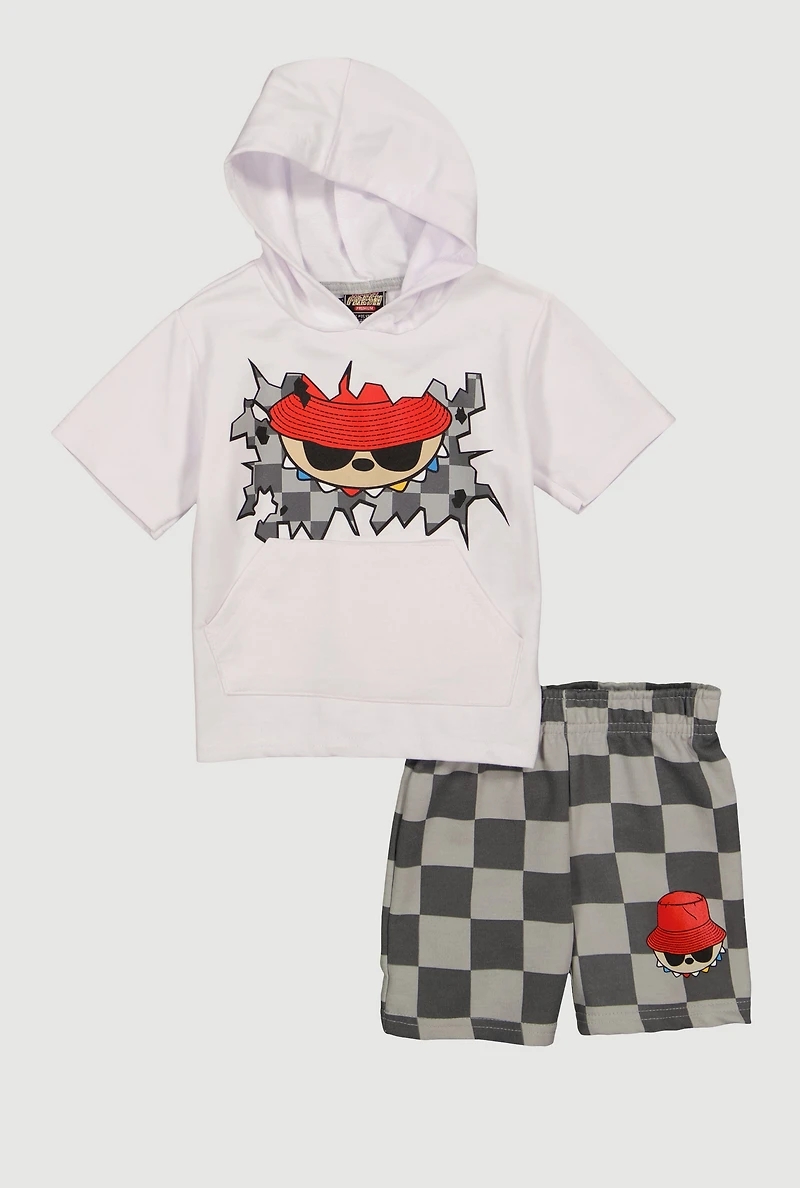 Toddler Boys Hooded Graphic Top and Checkered Shorts Set