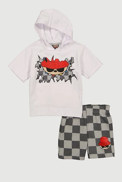 Toddler Boys Hooded Graphic Top and Checkered Shorts Set