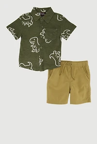 Toddler Boys Marled Dinosaur Pattern Shirt Drawstring Waist Shorts