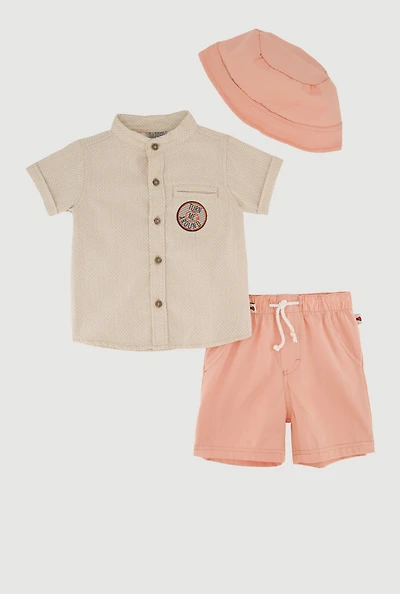 Toddler Boys Button Front Shirt and Shorts with Bucket Hat