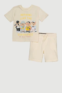 Toddler Boys No New Friends Bear Graphic Tee and Shorts, Beige,