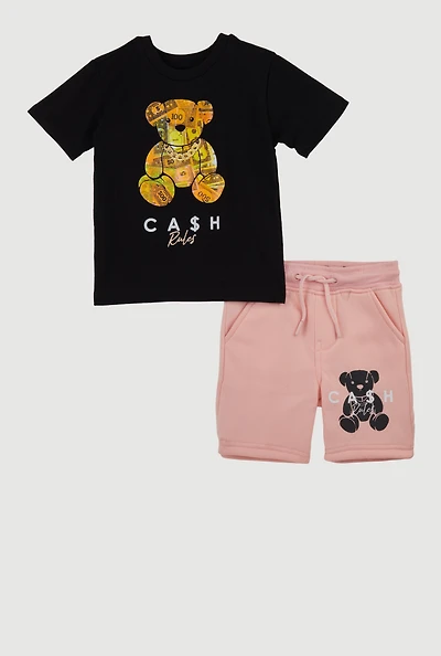 Toddler Boys Cash Rules Teddy Graphic Tee and Sweatshorts, Multi, Size 2T