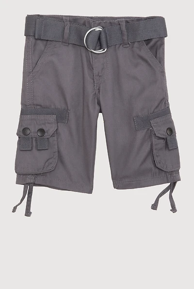 Toddler Boys Tie Hem Belted Cargo Shorts, Grey, Size 2T