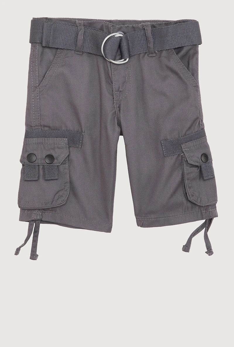 Toddler Boys Tie Hem Belted Cargo Shorts, Grey, Size 3T
