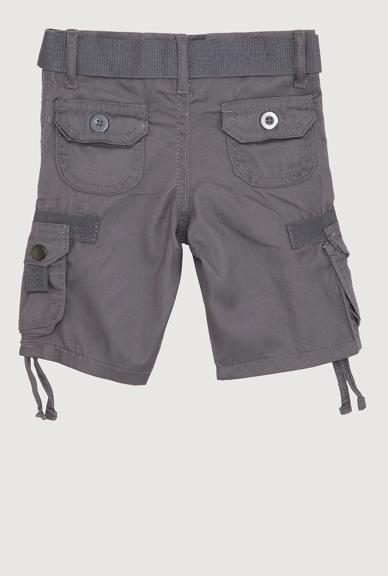 Toddler Boys Tie Hem Belted Cargo Shorts, Grey, Size 3T