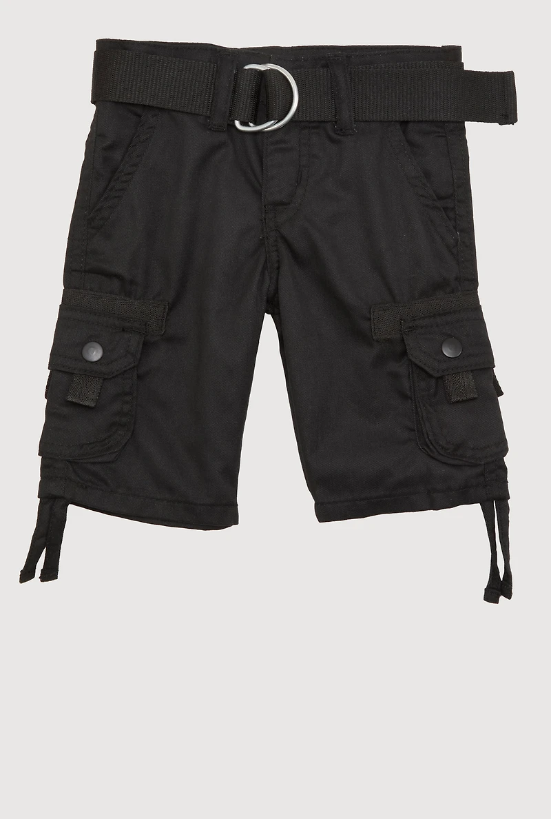 Toddler Boys Belted Tie Hem Cargo Shorts, Black, Size 2T
