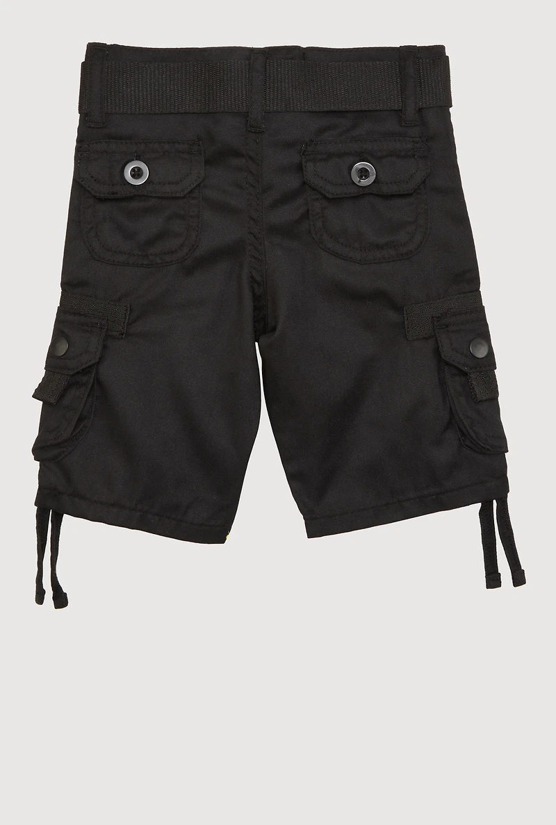 Toddler Boys Belted Tie Hem Cargo Shorts, Black, Size 2T