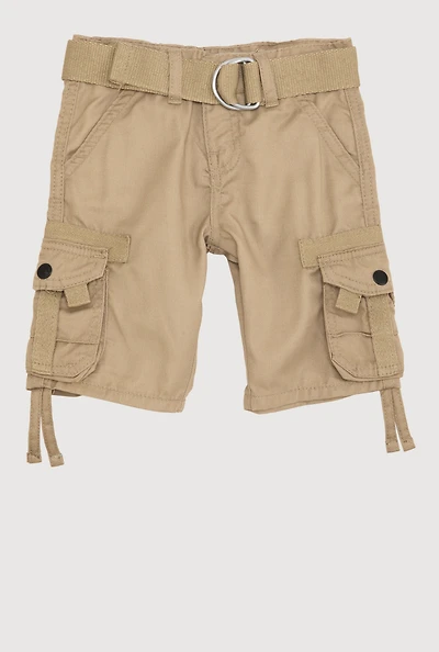 Toddler Boys Belted Tie Hem Cargo Pocket Shorts, Khaki, Size 2T
