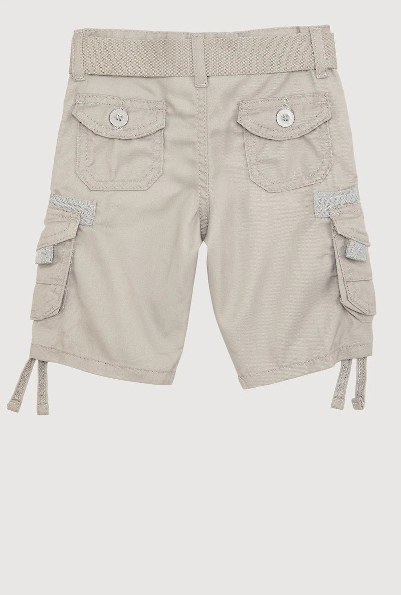 Toddler Boys Tassel Hem Belted Cargo Shorts, Grey,