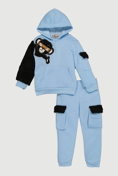 Toddler Boys Animal Graphic Hoodie and Cargo Sweatpants, Blue, Size 2T