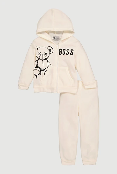 Toddler Boys Embossed Teddy Bear Hoodie and Sweatpants, Beige, Size 2T