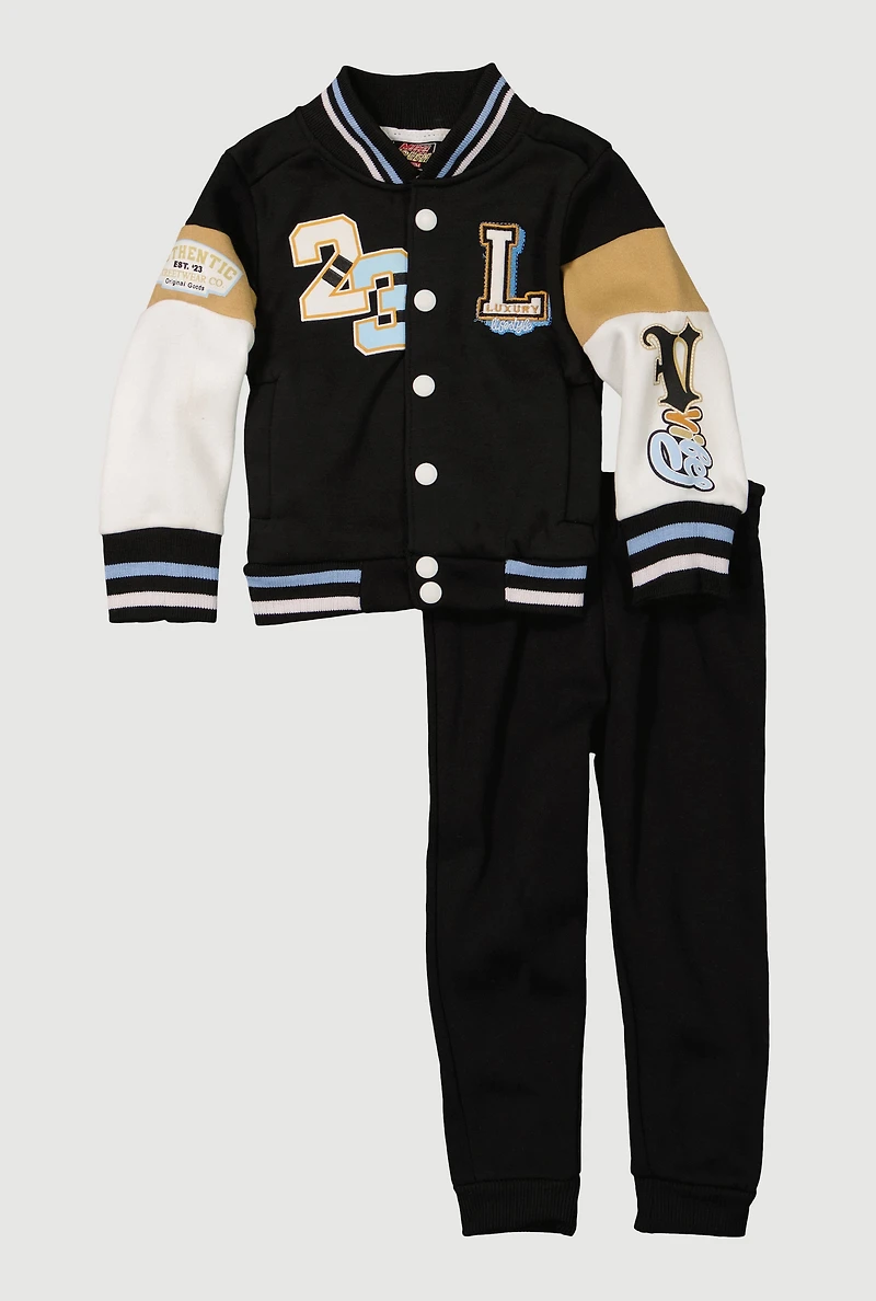 Toddler Boys 23 Luxury Graphic Varsity Jacket and Sweatpants, Black, Size 3T
