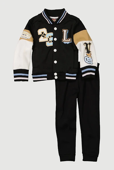 Toddler Boys 23 Luxury Graphic Varsity Jacket and Sweatpants, Black, Size 3T