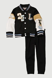 Toddler Boys 23 Luxury Graphic Varsity Jacket and Sweatpants, Black, Size 3T