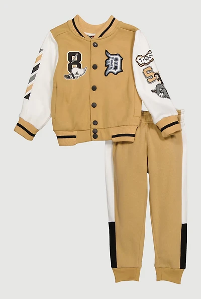 Toddler Boys Initial D Patch Graphic Varsity Jacket and Joggers, Beige, Size 3T