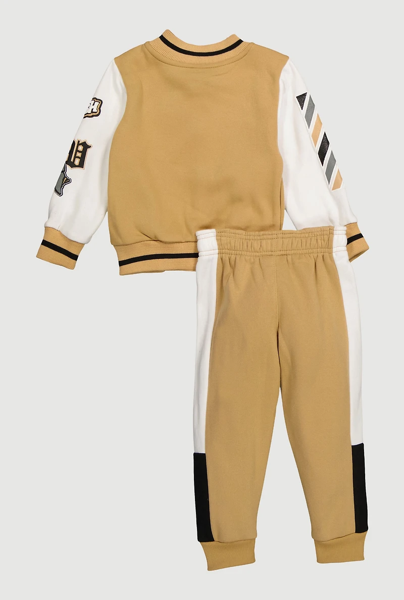 Toddler Boys Initial D Patch Graphic Varsity Jacket and Joggers, Beige, Size 3T