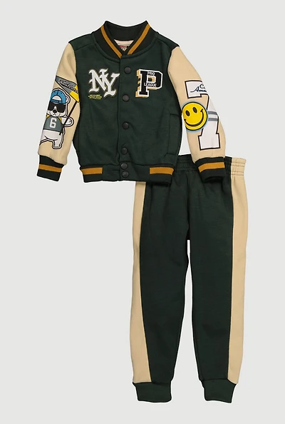 Toddler Boys NY Pro League Patch Graphic Varsity Jacket and Joggers, Green, Size 2T