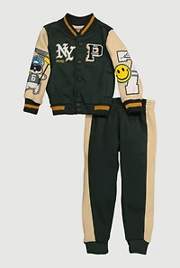 Toddler Boys NY Pro League Patch Graphic Varsity Jacket and Joggers, Green,