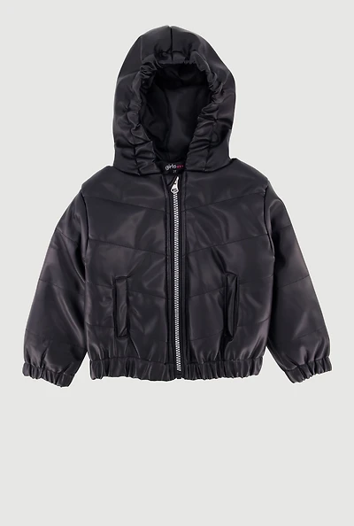 Toddler Girls Faux Leather Hooded Puffer Jacket