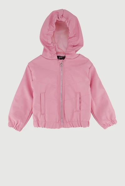 Toddler Girls Faux Leather Hooded Puffer Jacket, Pink, Size 2T