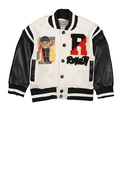 Toddler Boys Royalty Chenille Patch Graphic Varsity Jacket, White, Size 2T