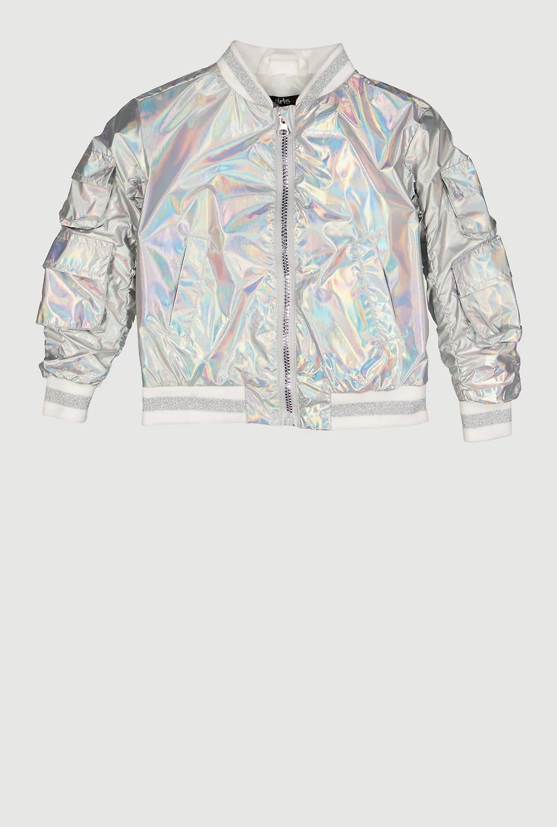 Toddler Girls Metallic Cargo Pocket Bomber Jacket, Silver, Size 3T